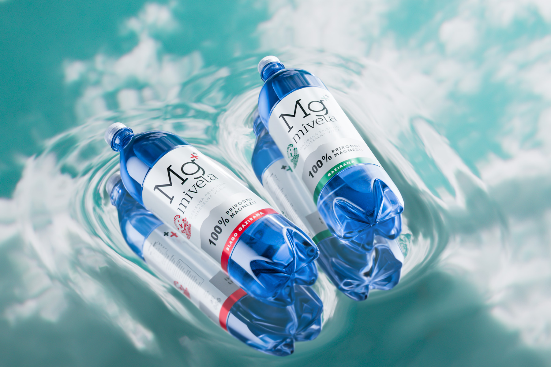 Mivela mineral water bottles floating on water