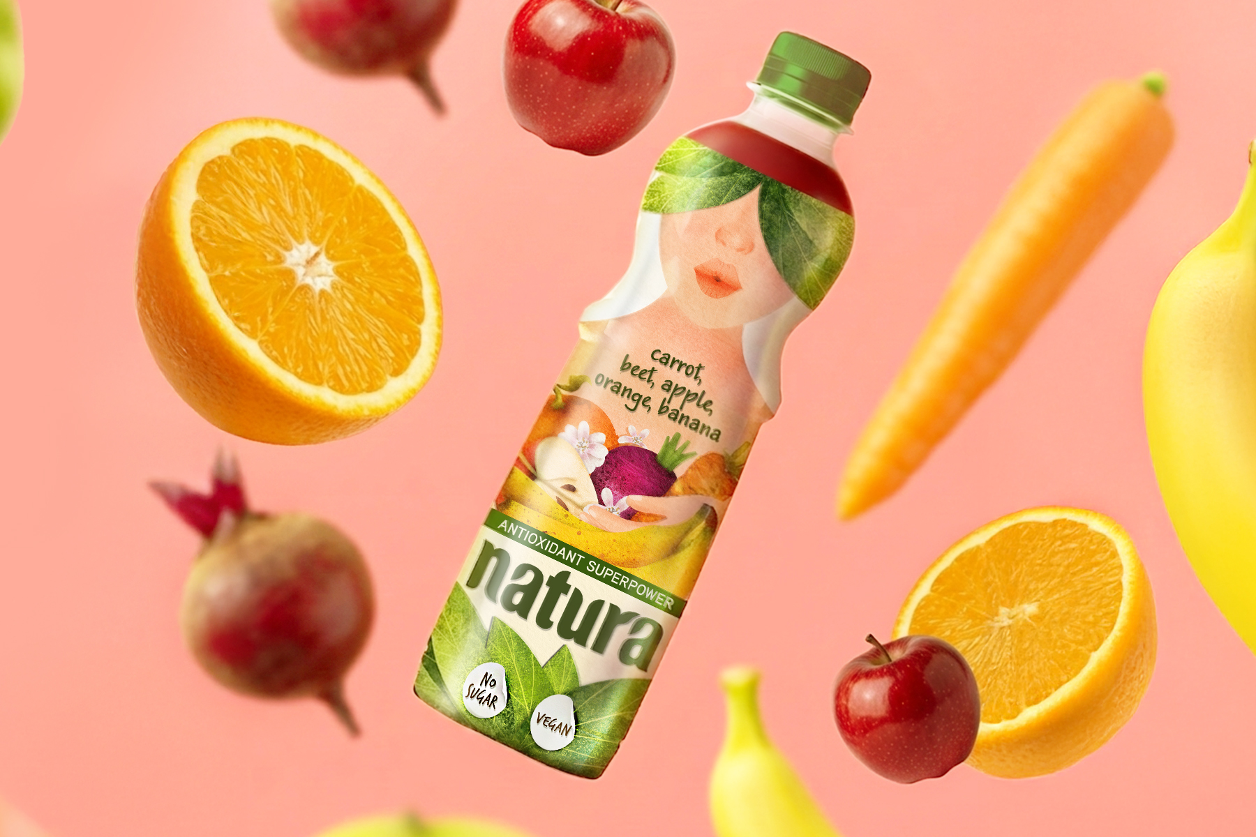 Natura juice bottle surrounded by floating fruit